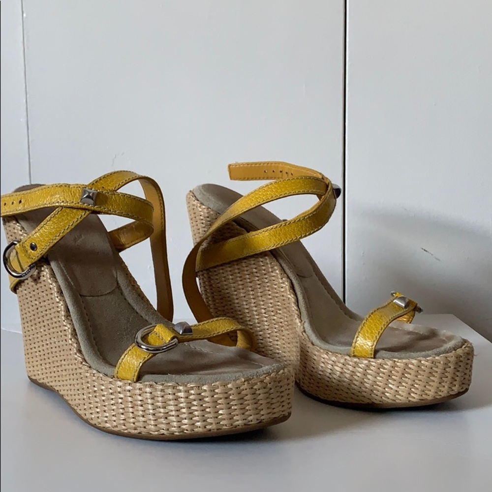 Prada tan wedges with yellow straps